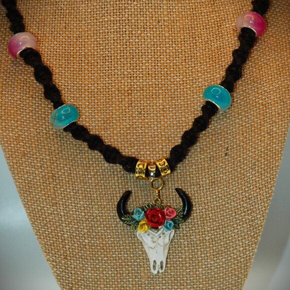 Southwestern Bull Skull with Roses on a 19 1/2" Handmade Black Hemp Chain - Picture 1 of 7